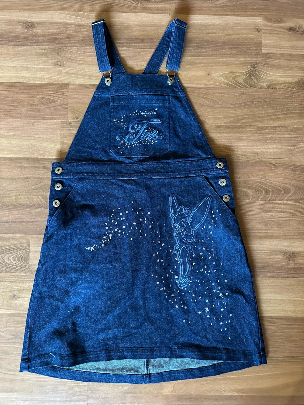 🆕 Disney Tinkerbell Sparkle Navy Denim Overalls Dress